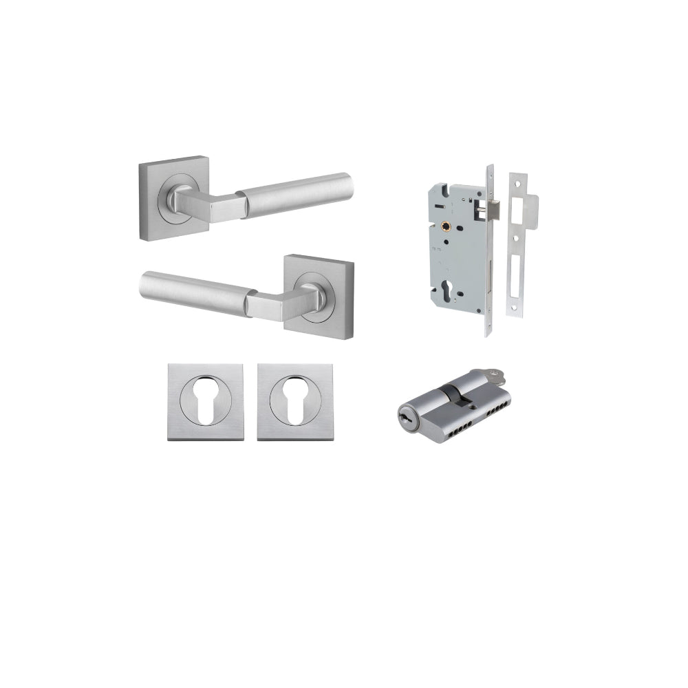 Door Lever Berlin Rose Square Pair Brushed Chrome L120xP60mm BPH52xW52mm, Mortice Lock Euro Brushed Chrome CTC85mm Backset 60mm, Euro Cylinder Dual Function 5 Pin Brushed Chrome 65mm KA4, Escutcheon Euro Concealed Fix Square Pair H52xW52xP10mm in Brushed Chrome