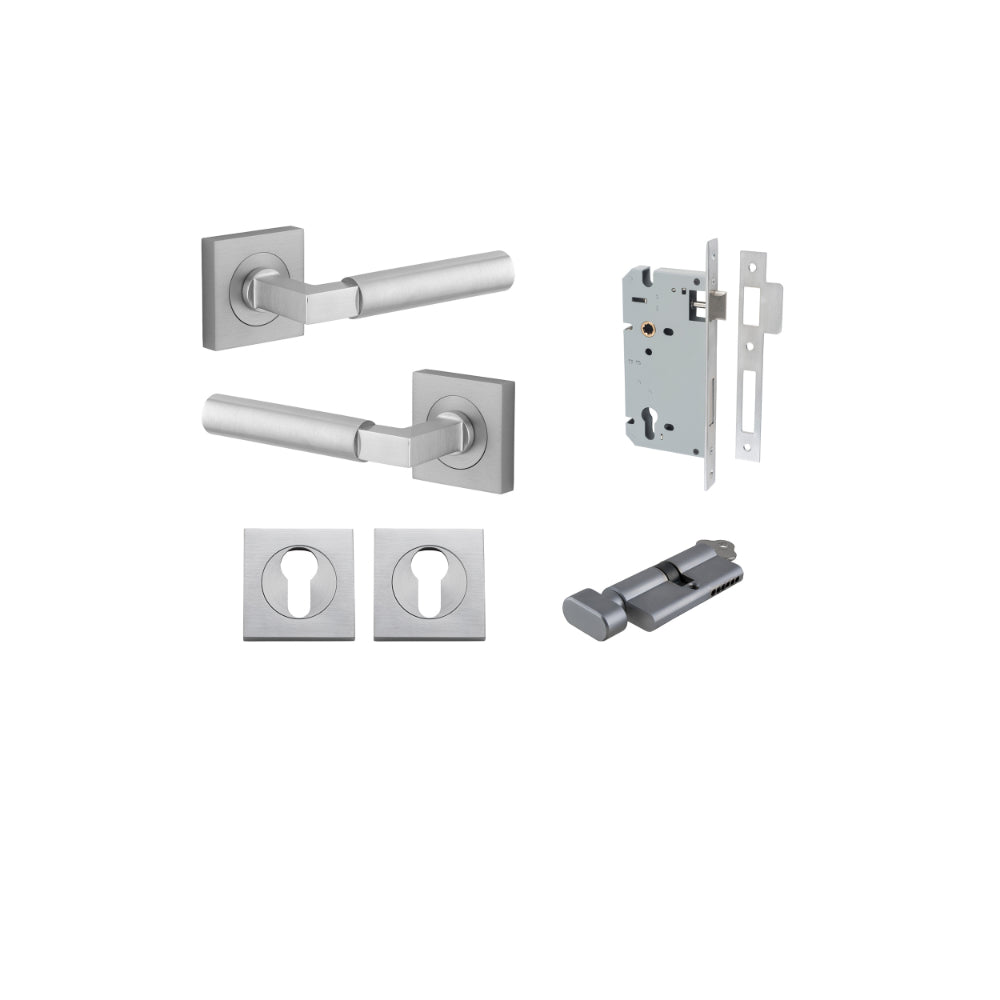 Door Lever Berlin Rose Square Pair Brushed Chrome L120xP60mm BPH52xW52mm, Mortice Lock Euro Brushed Chrome CTC85mm Backset 60mm, Euro Cylinder Key Thumb 5 Pin Brushed Chrome 65mm KA4, Escutcheon Euro Concealed Fix Square Pair H52xW52xP10mm in Brushed Chrome