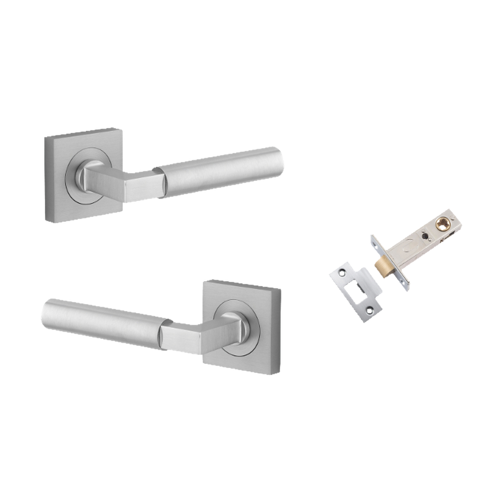 Door Lever Berlin Rose Square Brushed Chrome L120xP60mm BPH52xW52mm Passage Kit, Tube Latch Split Cam 'T' Striker Brushed Chrome Backset 60mm in Brushed Chrome