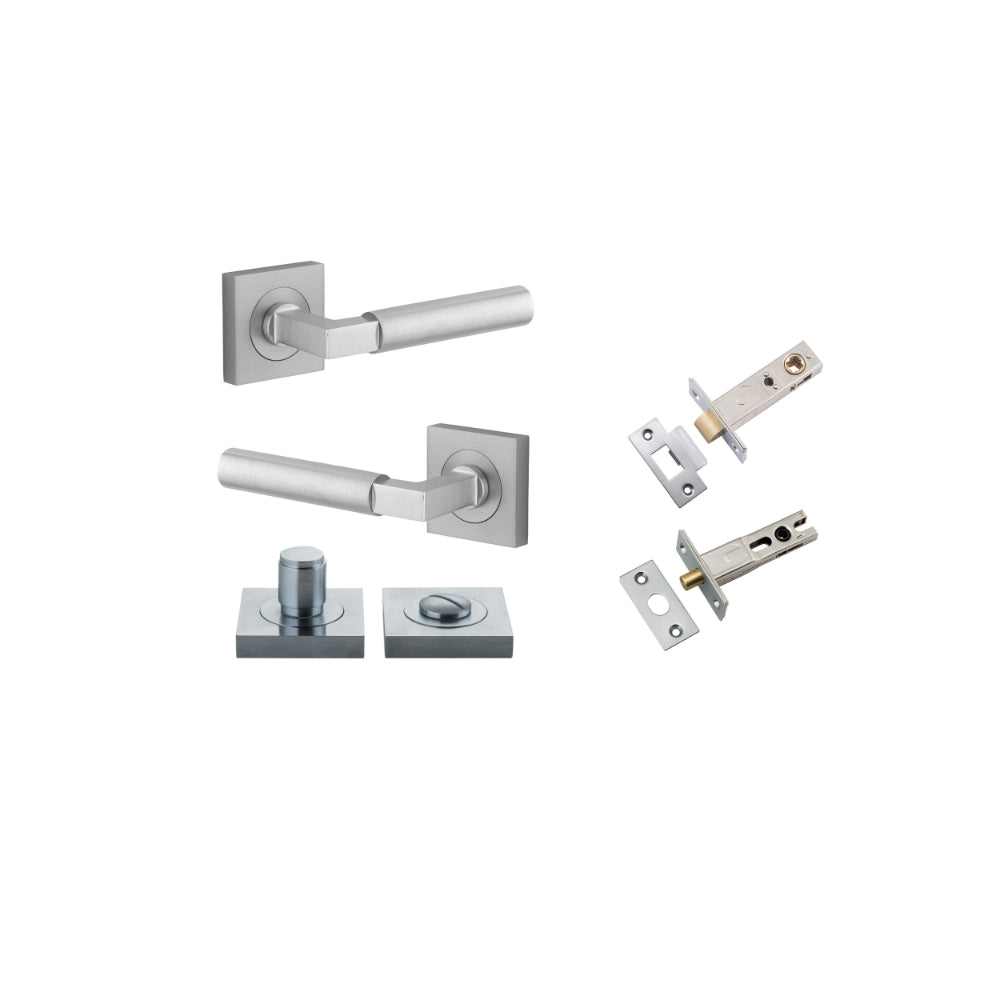 Door Lever Berlin Rose Square Brushed Chrome L120xP60mm BPH52xW52mm Privacy Kit, Tube Latch Split Cam 'T' Striker Brushed Chrome Backset 60mm, Privacy Bolt Round Bolt Brushed Chrome Backset 60mm, Privacy Turn Berlin Concealed Fix Square D52xP35mm in Brushed Chrome