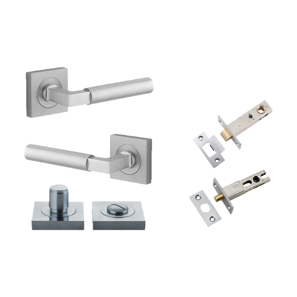 Door Lever Berlin Rose Square Brushed Chrome L120xP60mm BPH52xW52mm Privacy Kit, Tube Latch Split Cam 'T' Striker Brushed Chrome Backset 60mm, Privacy Bolt Round Bolt Brushed Chrome Backset 60mm, Privacy Turn Berlin Concealed Fix Square D52xP35mm in Brushed Chrome
