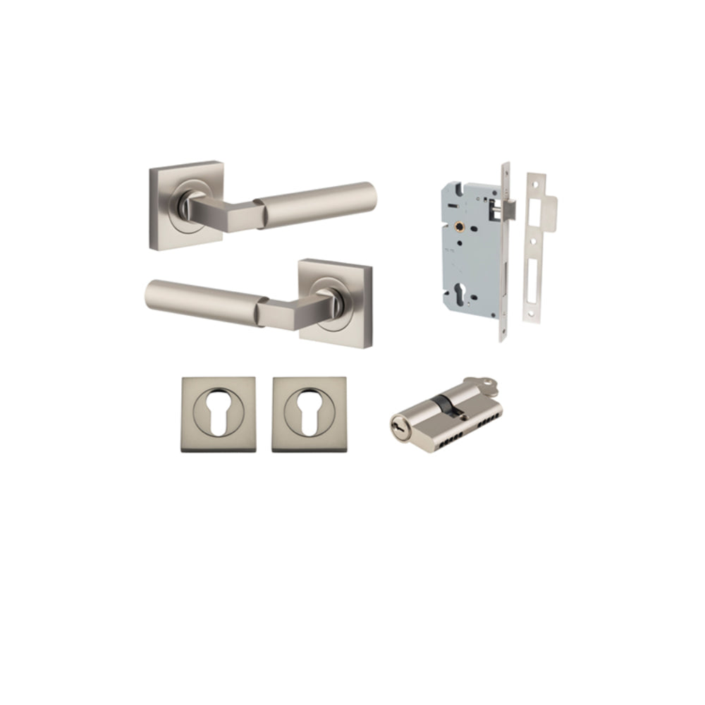 Door Lever Berlin Rose Square Pair Satin Nickel L120xP60mm BPH52xW52mm, Mortice Lock Euro Satin Nickel CTC85mm Backset 60mm, Euro Cylinder Dual Function 5 Pin Satin Nickel 65mm KA4, Escutcheon Euro Concealed Fix Square Pair Satin Nickel H52xW52xP10mm in Satin Nickel