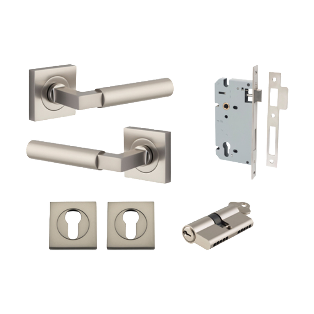 Door Lever Berlin Rose Square Pair Satin Nickel L120xP60mm BPH52xW52mm, Mortice Lock Euro Satin Nickel CTC85mm Backset 60mm, Euro Cylinder Dual Function 5 Pin Satin Nickel 65mm KA4, Escutcheon Euro Concealed Fix Square Pair Satin Nickel H52xW52xP10mm in Satin Nickel