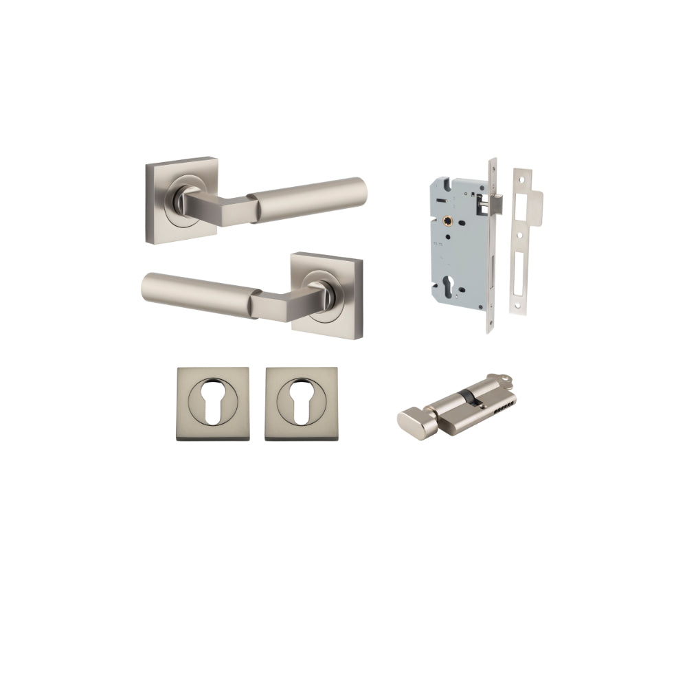Door Lever Berlin Rose Square Pair Satin Nickel L120xP60mm BPH52xW52mm, Mortice Lock Euro Satin Nickel CTC85mm Backset 60mm, Euro Cylinder Key Thumb 5 Pin Satin Nickel 65mm KA4, Escutcheon Euro Concealed Fix Square Pair Satin Nickel H52xW52xP10mm in Satin Nickel