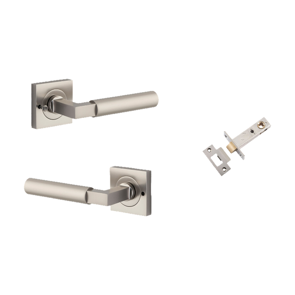 Door Lever Berlin Rose Square Satin Nickel L120xP60mm BPH52xW52mm Inbuilt Privacy Kit, Tube Latch Privacy with Faceplate & T striker Backset 60mm in Satin Nickel