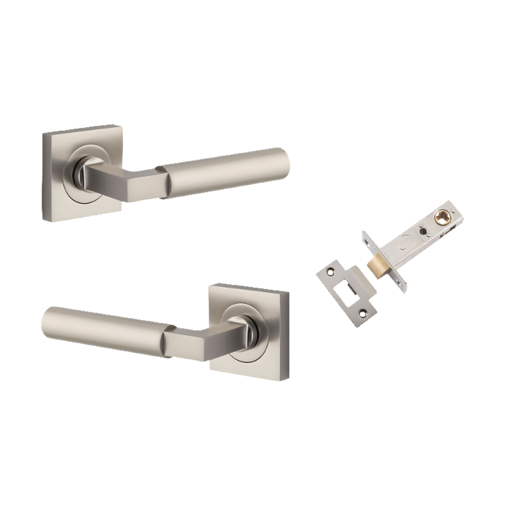 Door Lever Berlin Rose Square Satin Nickel L120xP60mm BPH52xW52mm Passage Kit, Tube Latch Split Cam 'T' Striker Satin Nickel Backset 60mm in Satin Nickel
