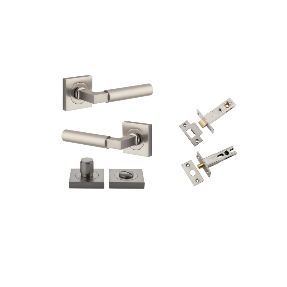 Door Lever Berlin Rose Square Satin Nickel L120xP60mm BPH52xW52mm Privacy Kit, Tube Latch Split Cam 'T' Striker Satin Nickel Backset 60mm, Privacy Bolt Round Bolt Satin Nickel Backset 60mm, Privacy Turn Berlin Concealed Fix Square D52xP35mm in Satin Nickel