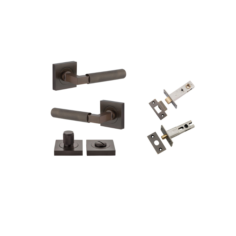 Door Lever Brunswick Knurled Rose Square Signature Brass L120xP60mm BPH52xW52mm Privacy Kit, Tube Latch Split Cam 'T' Striker Backset 60mm, Privacy Bolt Round Bolt Backset 60mm, Privacy Turn Brunswick Concealed Fix Square Knurled H52xW52xP10mm in Signature Brass
