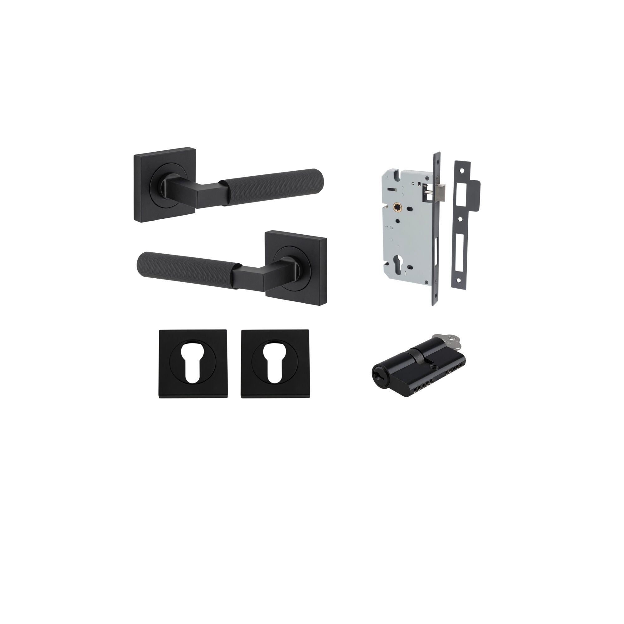Door Lever Brunswick Rose Square Pair Matt Black L120xP60mm BPH52xW52mm Mortice Lock Euro Matt Black CTC85mm Backset 60mm Euro Cylinder Dual Function 5 Pin Matt Black 65mm KA4 Escutcheon Euro Concealed Fix Square Pair Matt Black H52xW52xP10mm in Matt Black