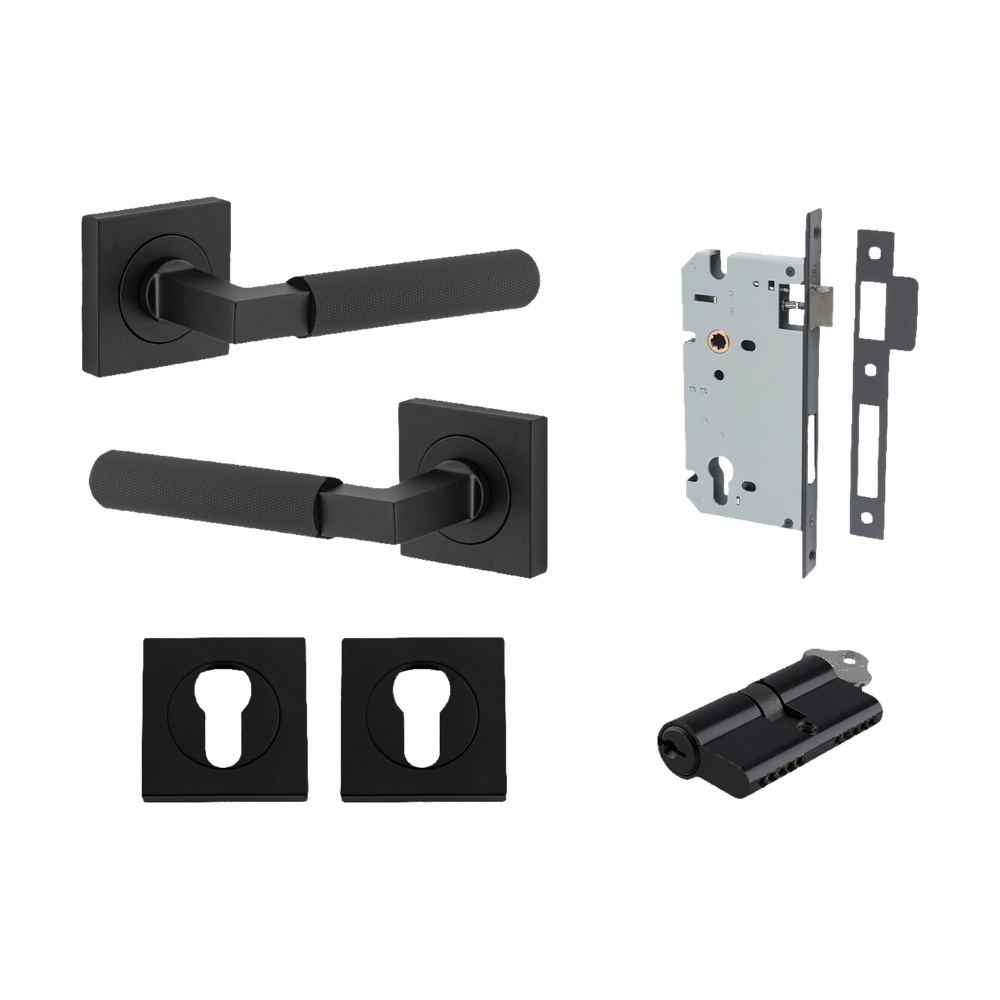 Pair of Iver Brunswick lever door handles on square rose, architectural hardware with a sleek, modern finish.
