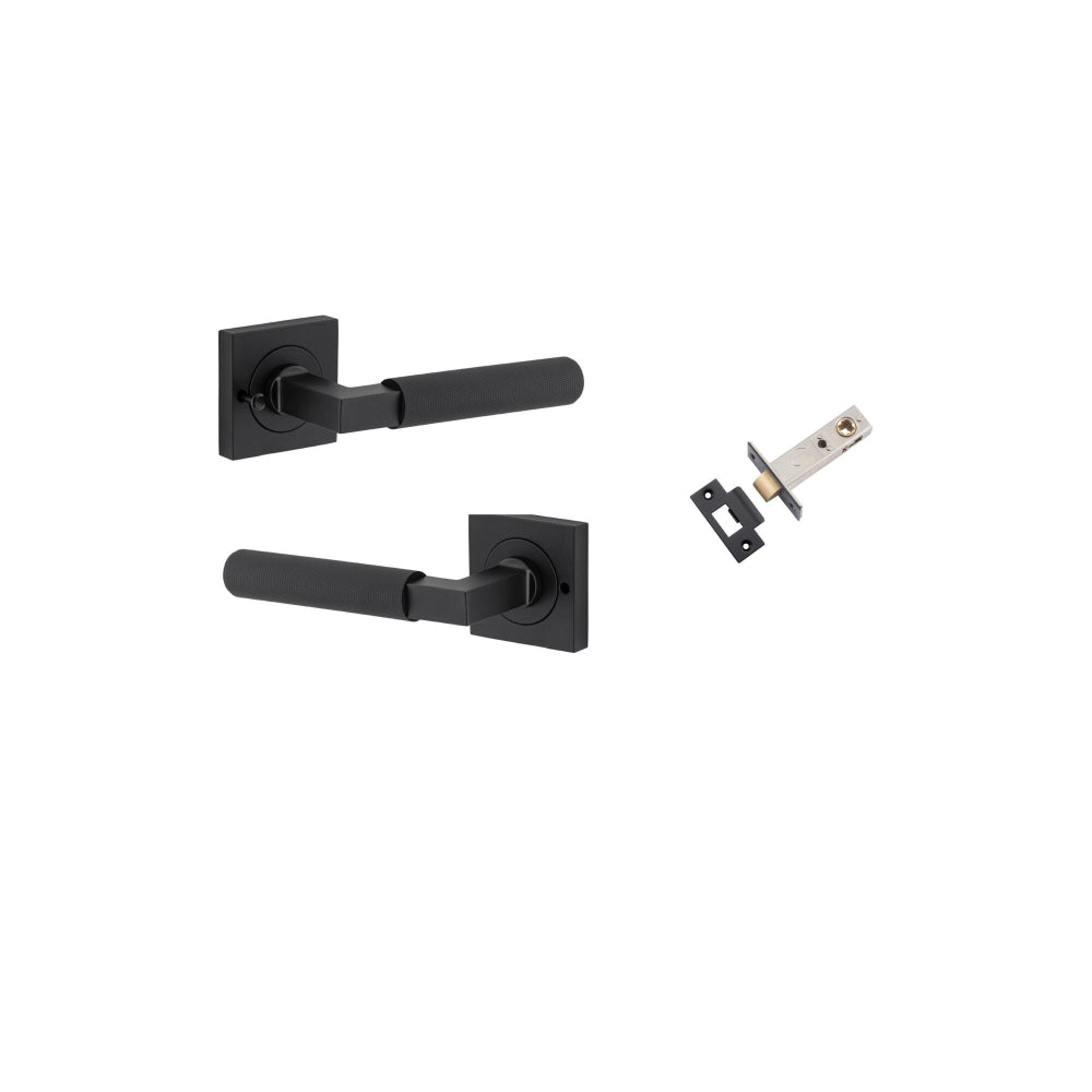 Pair of Iver Brunswick lever door handles on square rose, featuring a polished finish and modern design.