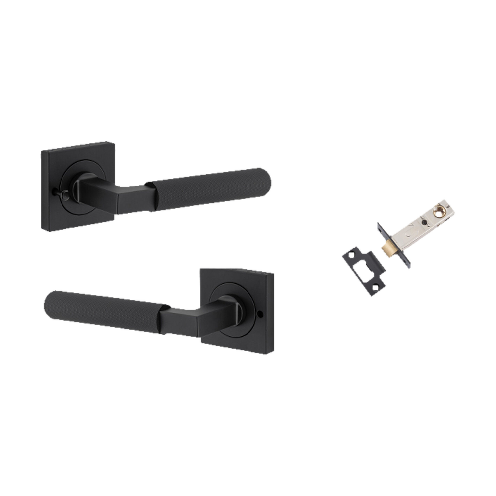 Door Lever Brunswick Rose Square Matt Black L120xP60mm BPH52xW52mm Inbuilt Privacy Kit Tube Latch Privacy with Faceplate & T striker Backset 60mm in Matt Black