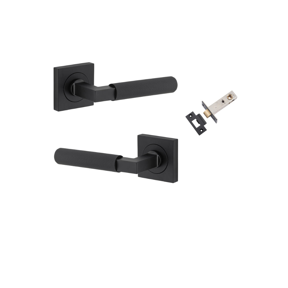 Pair of Iver Brunswick lever door handles on square rose, featuring a sleek, modern design with a polished finish.