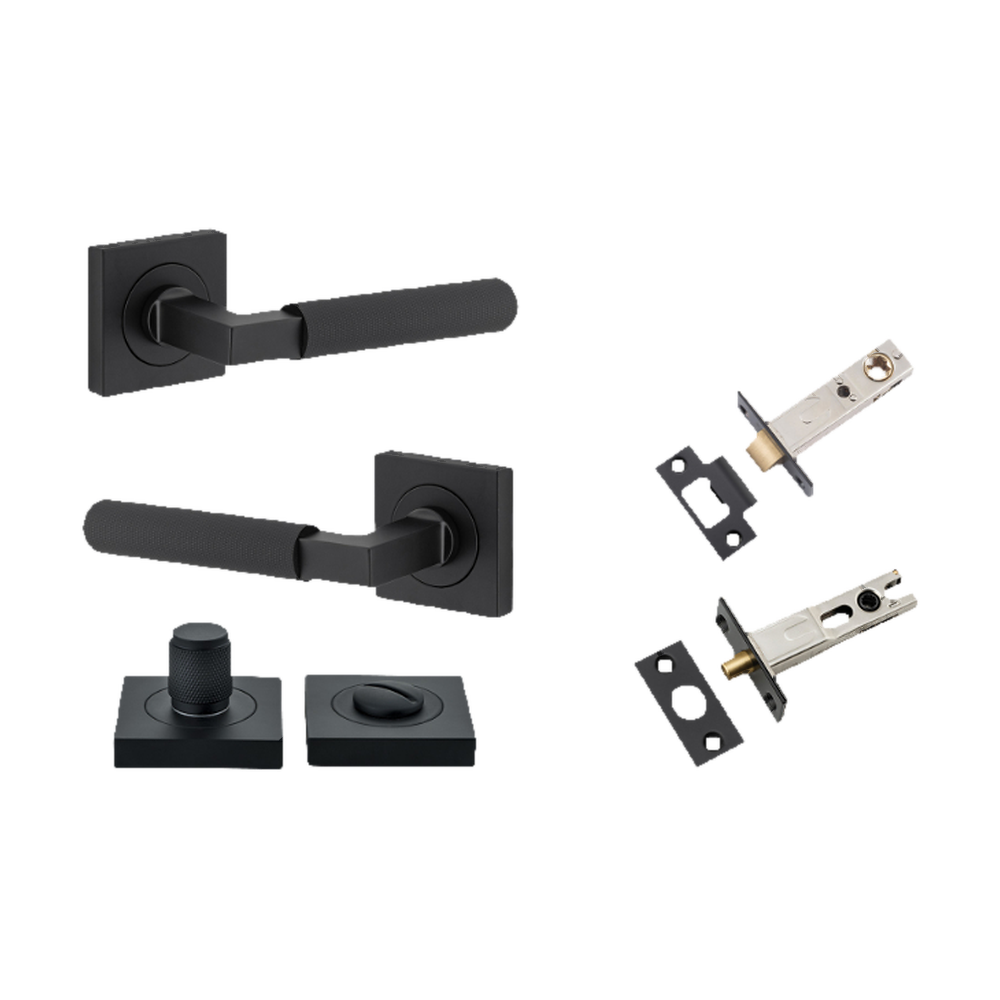 Door Lever Brunswick Knurled Rose Square Matt Black L120xP60mm BPH52xW52mm Privacy Kit, Tube Latch Split Cam 'T' Striker Backset 60mm, Privacy Bolt Round Bolt Backset 60mm, Privacy Turn Brunswick Concealed Fix Square Knurled H52xW52xP10mm in Matt Black