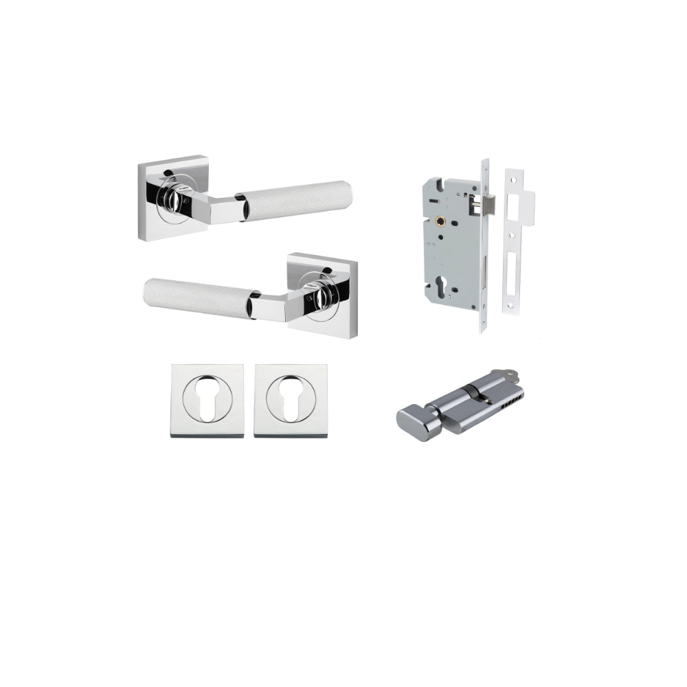 Door Lever Brunswick Rose Square Pair Polished Chrome L120xP60mm BPH52xW52mm Mortice Lock Euro Polished Chrome CTC85mm Backset 60mm Euro Cylinder Key Thumb 5 Pin Polished Chrome 65mm KA4 Escutcheon Euro Concealed Fix Square Pair H52xW52xP10mm in Polished Chrome