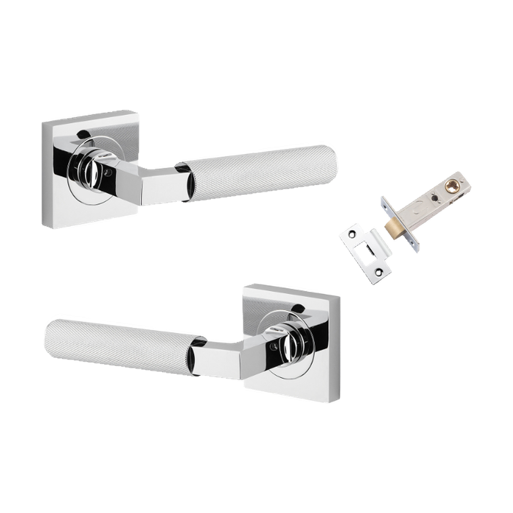 Door Lever Brunswick Knurled Rose Square Polished Chrome L120xP60mm BPH52xW52mm Passage Kit, Tube Latch Split Cam 'T' Striker Polished Chrome Backset 60mm in Polished Chrome