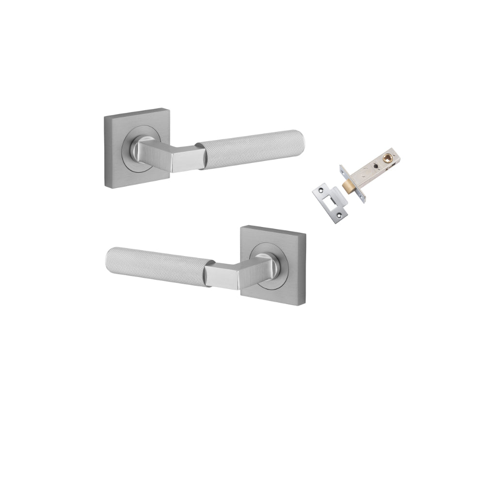 Pair of Iver Brunswick lever door handles on square rose, featuring a sleek, modern design in a polished finish.