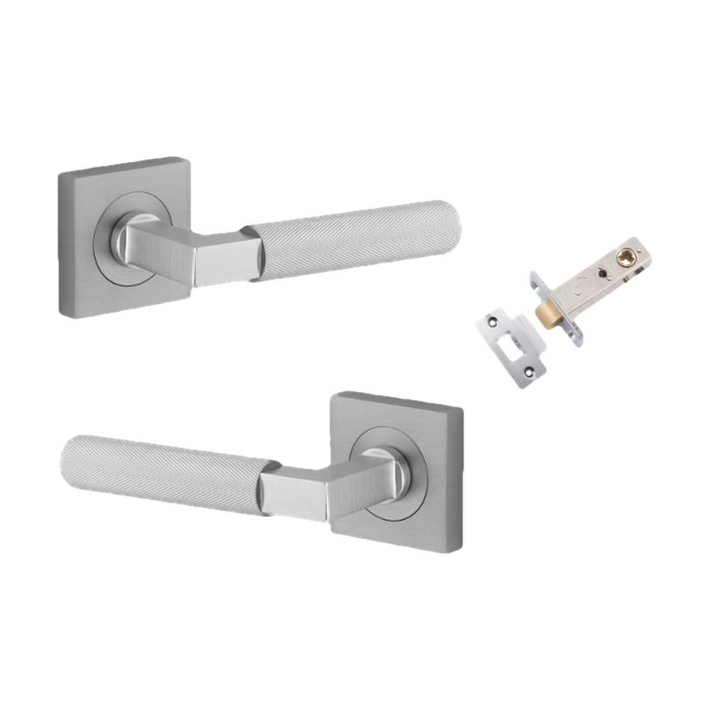 Door Lever Brunswick Knurled Rose Square Brushed Chrome L120xP60mm BPH52xW52mm Passage Kit, Tube Latch Split Cam 'T' Striker Brushed Chrome Backset 60mm in Brushed Chrome