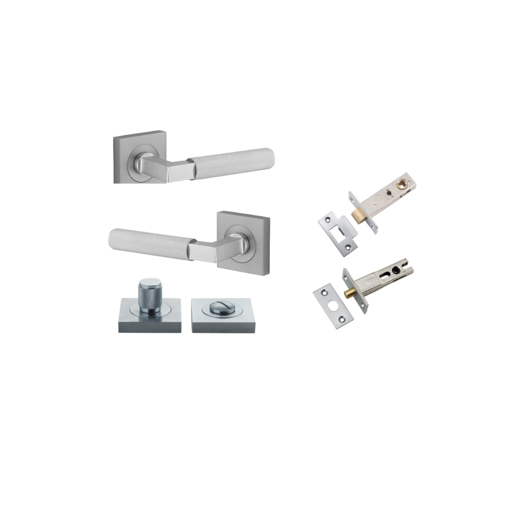 Door Lever Brunswick Knurled Rose Square Brushed Chrome L120xP60mm BPH52xW52mm Privacy Kit, Tube Latch Split Cam 'T' Striker Backset 60mm, Privacy Bolt Round Bolt Backset 60mm, Privacy Turn Brunswick Concealed Fix Square Knurled H52xW52xP10mm in Brushed Chrome