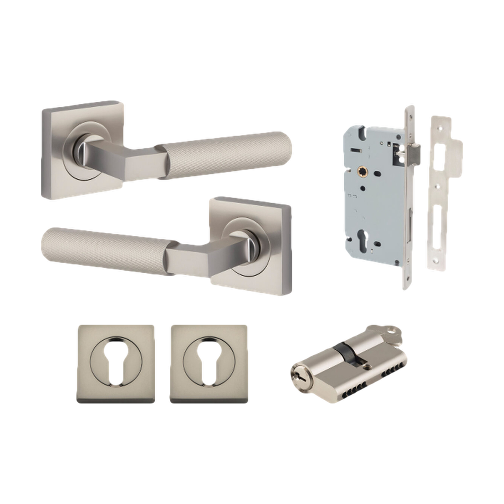 Door Lever Brunswick Rose Square Pair Satin Nickel L120xP60mm BPH52xW52mm Mortice Lock Euro Satin Nickel CTC85mm Backset 60mm Euro Cylinder Dual Function 5 Pin Satin Nickel 65mm KA4 Escutcheon Euro Concealed Fix Square Pair H52xW52xP10mm in Satin Nickel