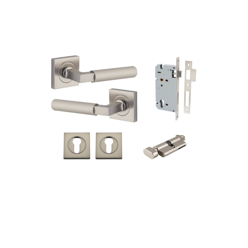 Door Lever Brunswick Rose Square Pair Satin Nickel L120xP60mm BPH52xW52mm Mortice Lock Euro Satin Nickel CTC85mm Backset 60mm Euro Cylinder Key Thumb 5 Pin Satin Nickel 65mm KA4 Escutcheon Euro Concealed Fix Square Pair Satin Nickel H52xW52xP10mm in Satin Nickel