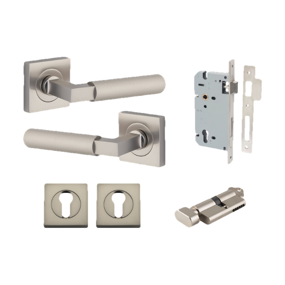 Door Lever Brunswick Rose Square Pair Satin Nickel L120xP60mm BPH52xW52mm Mortice Lock Euro Satin Nickel CTC85mm Backset 60mm Euro Cylinder Key Thumb 5 Pin Satin Nickel 65mm KA4 Escutcheon Euro Concealed Fix Square Pair Satin Nickel H52xW52xP10mm in Satin Nickel