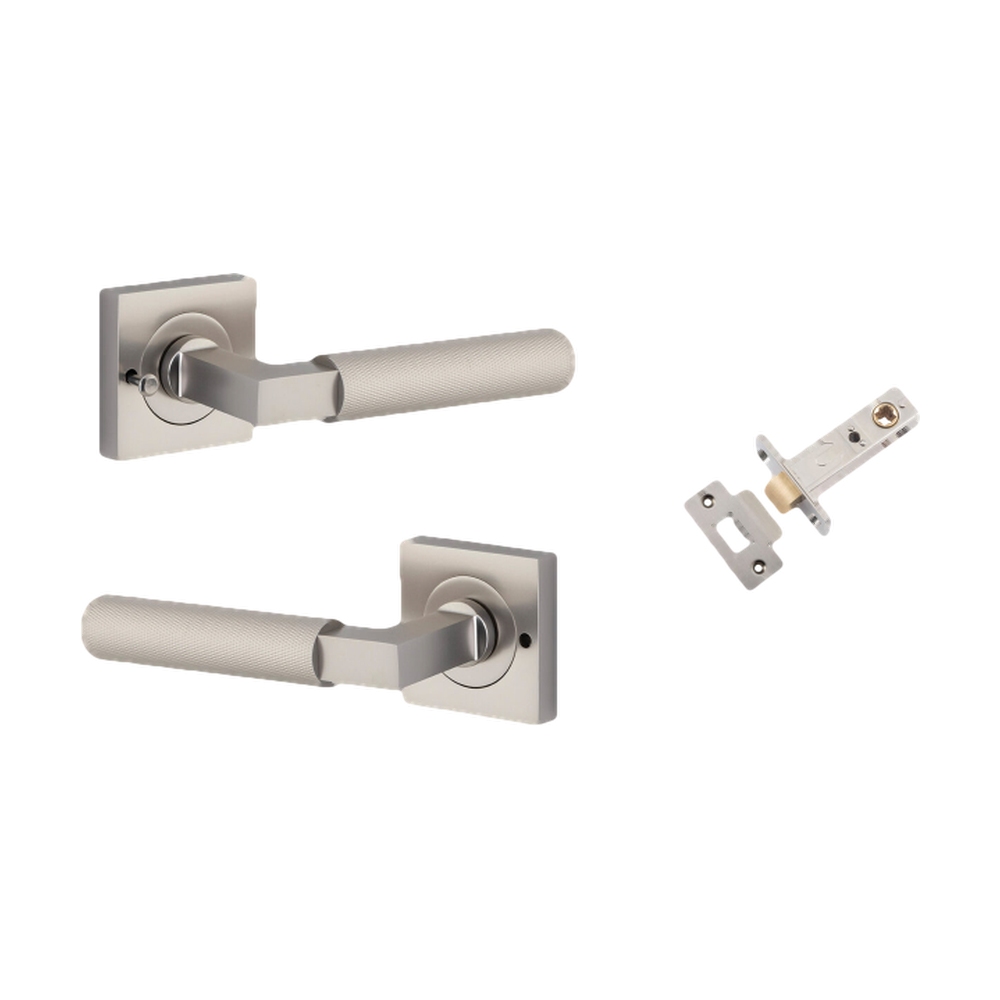 Door Lever Brunswick Rose Square Satin Nickel L120xP60mm BPH52xW52mm Inbuilt Privacy Kit Tube Latch Privacy with Faceplate & T striker Backset 60mm in Satin Nickel