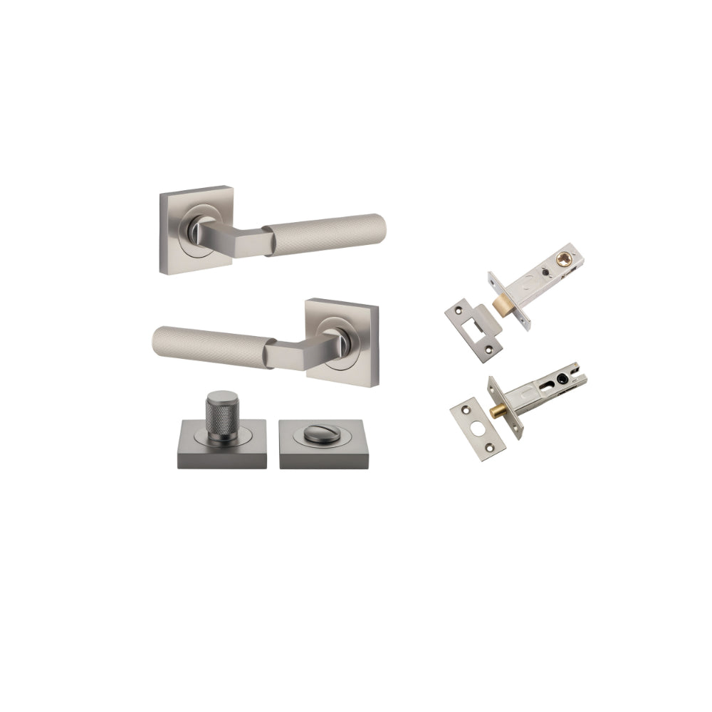 Door Lever Brunswick Knurled Rose Square Satin Nickel L120xP60mm BPH52xW52mm Privacy Kit, Tube Latch Split Cam 'T' Striker Backset 60mm, Privacy Bolt Round Bolt Backset 60mm, Privacy Turn Brunswick Concealed Fix Square Knurled H52xW52xP10mm in Satin Nickel