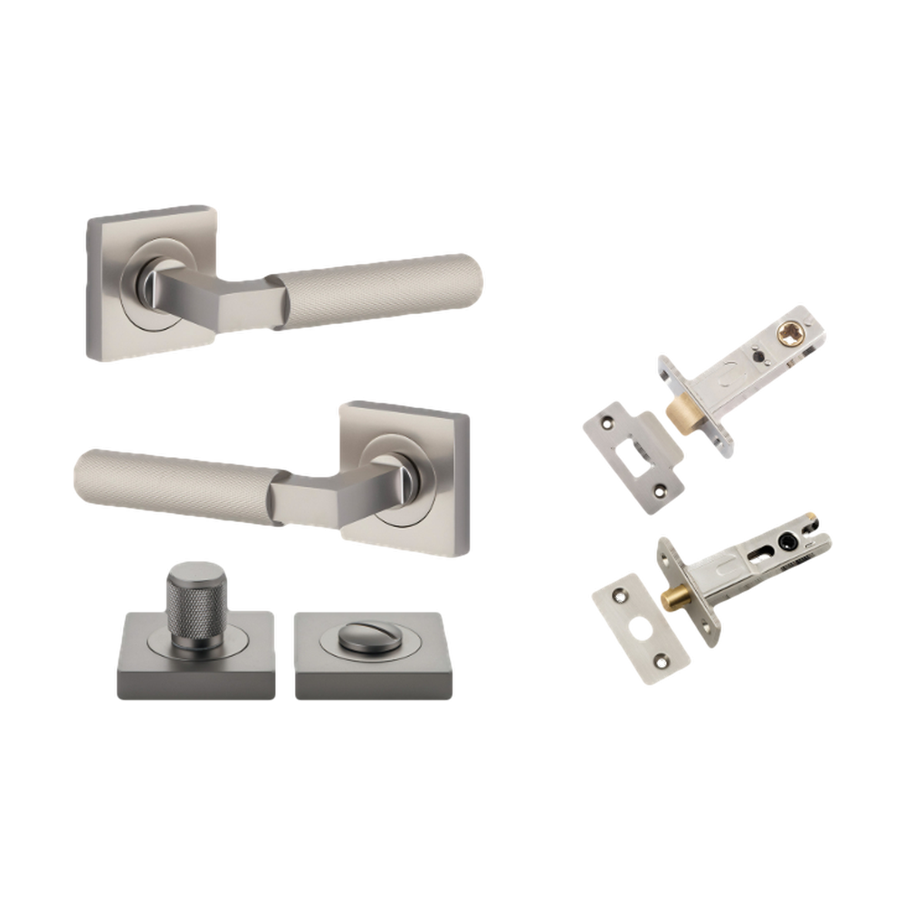 Door Lever Brunswick Knurled Rose Square Satin Nickel L120xP60mm BPH52xW52mm Privacy Kit, Tube Latch Split Cam 'T' Striker Backset 60mm, Privacy Bolt Round Bolt Backset 60mm, Privacy Turn Brunswick Concealed Fix Square Knurled H52xW52xP10mm in Satin Nickel