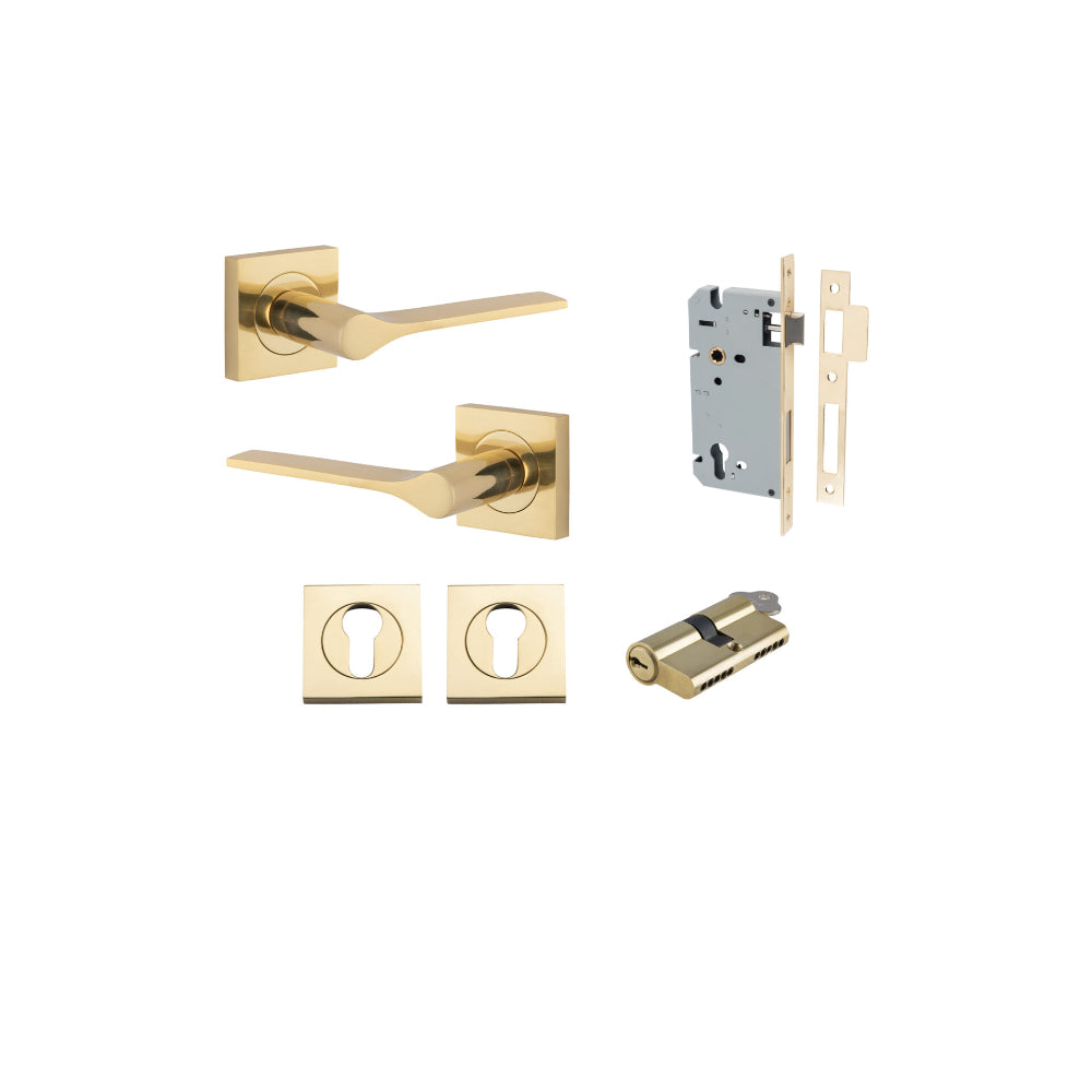 Door Lever Como Rose Square Pair Polished Brass L119xP62mm BPH52xW52mm, Mortice Lock Euro Polished Brass CTC85mm Backset 60mm, Euro Cylinder Dual Function 5 Pin Polished Brass 65mm KA4, Escutcheon Euro Concealed Fix Square Pair H52xW52xP10mm in Polished Brass