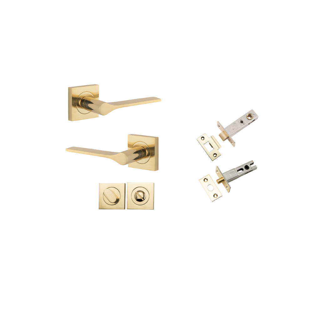 Door Lever Como Rose Square Polished Brass L119xP62mm BPH52xW52mm Privacy Kit, Tube Latch Split Cam 'T' Striker Polished Brass Backset 60mm, Privacy Bolt Round Bolt Polished Brass Backset 60mm, Privacy Turn Oval Concealed Fix Square H52xW52xP23mm in Polished Brass