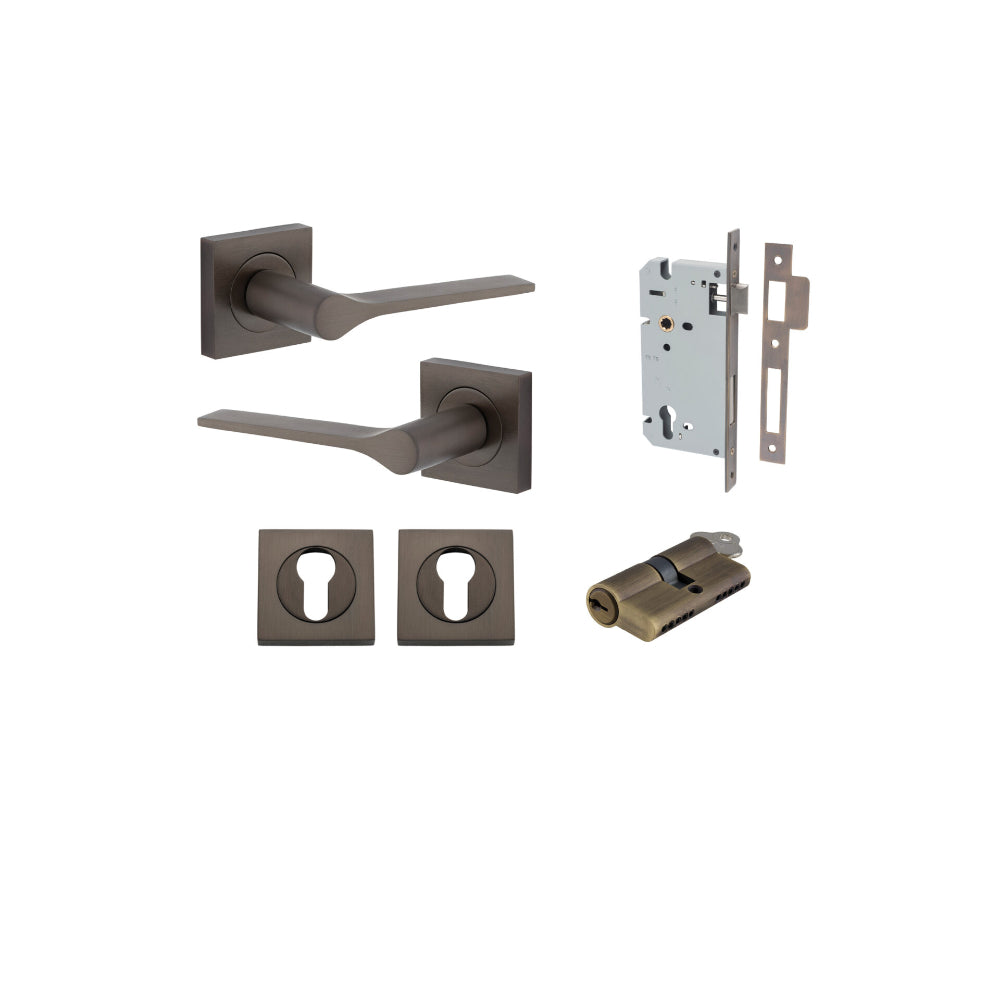Door Lever Como Rose Square Pair Signature Brass L119xP62mm BPH52xW52mm, Mortice Lock Euro Signature Brass CTC85mm Backset 60mm, Euro Cylinder Dual Function 5 Pin Signature Brass 65mm KA4, Escutcheon Euro Concealed Fix Square Pair H52xW52xP10mm in Signature Brass