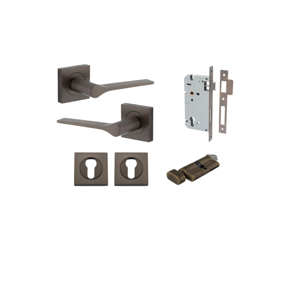 Door Lever Como Rose Square Pair Signature Brass L119xP62mm BPH52xW52mm, Mortice Lock Euro Signature Brass CTC85mm Backset 60mm, Euro Cylinder Key Thumb 5 Pin Signature Brass 65mm KA4, Escutcheon Euro Concealed Fix Square Pair H52xW52xP10mm in Signature Brass