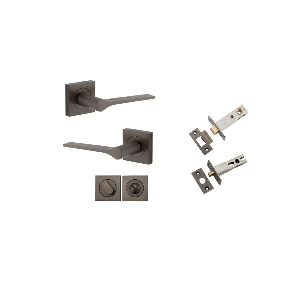 Door Lever Como Rose Square Signature Brass L119xP62mm BPH52xW52mm Privacy Kit, Tube Latch Split Cam 'T' Striker Signature Brass Backset 60mm, Privacy Bolt Round Bolt Signature Brass Backset 60mm, Privacy Turn Oval Concealed Fix Square H52xW52xP23mm in Signature Brass