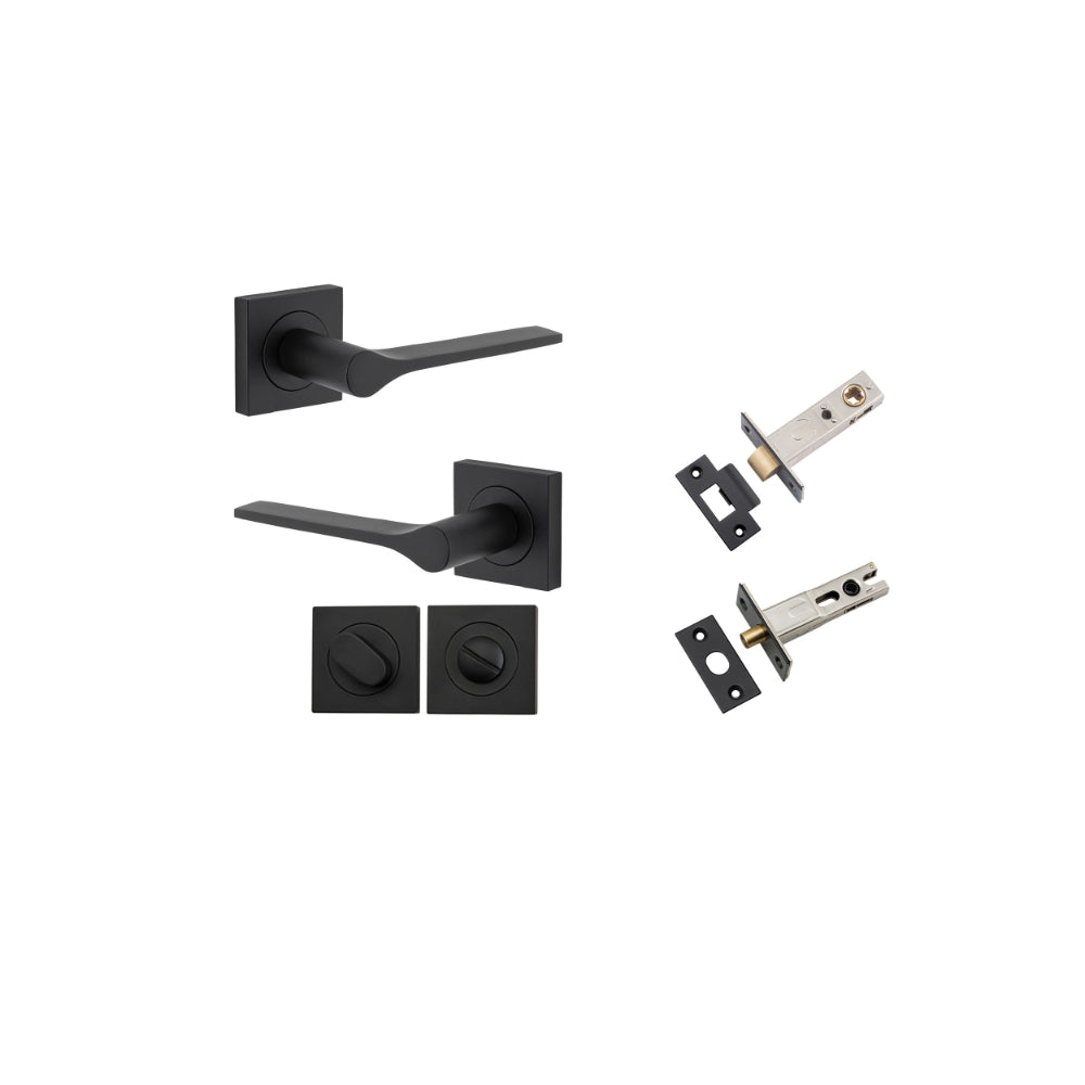 Door Lever Como Rose Square Matt Black L119xP62mm BPH52xW52mm Privacy Kit, Tube Latch Split Cam 'T' Striker Matt Black Backset 60mm, Privacy Bolt Round Bolt Matt Black Backset 60mm, Privacy Turn Oval Concealed Fix Square Matt Black H52xW52xP23mm in Matt Black