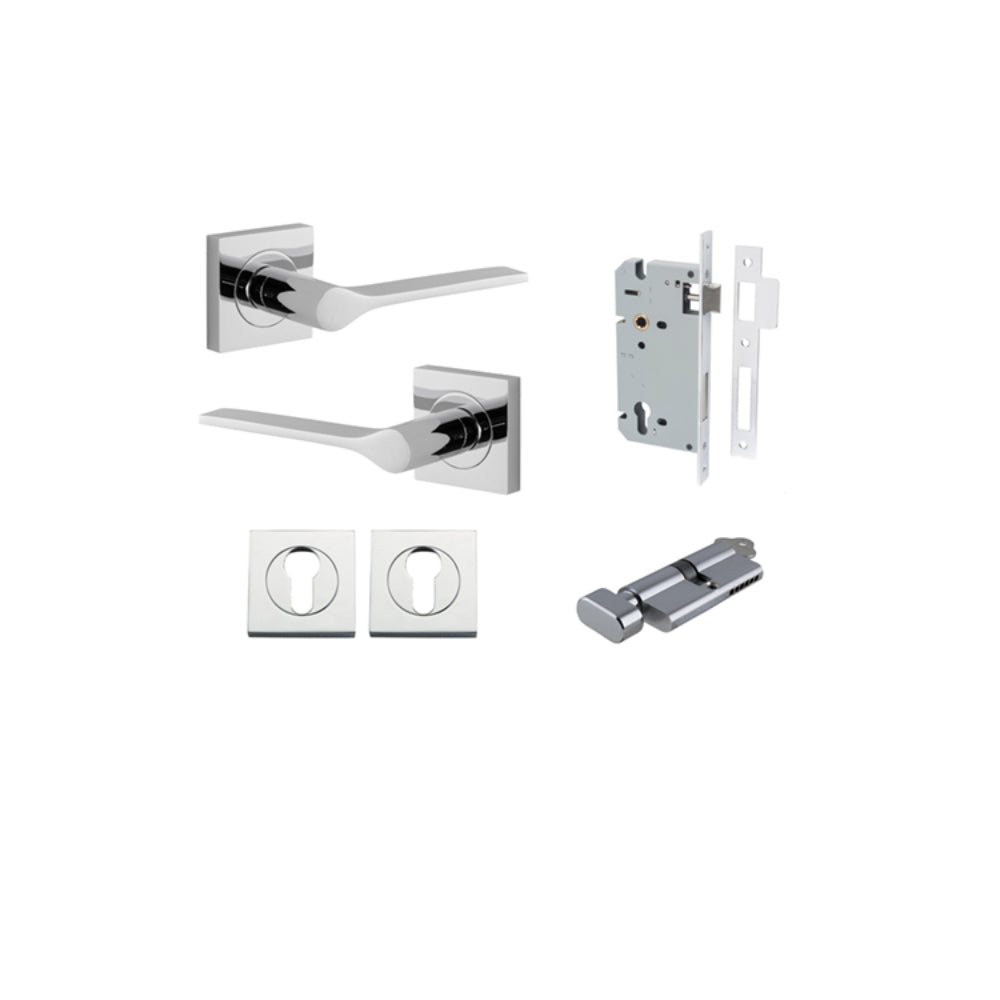 Door Lever Como Rose Square Pair Polished Chrome L119xP62mm BPH52xW52mm, Mortice Lock Euro Polished Chrome CTC85mm Backset 60mm, Euro Cylinder Key Thumb 5 Pin Polished Chrome 65mm KA4, Escutcheon Euro Concealed Fix Square Pair H52xW52xP10mm in Polished Chrome