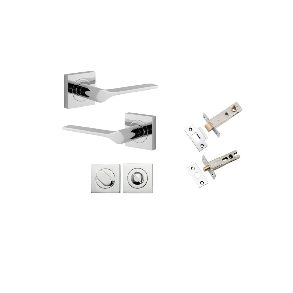 Door Lever Como Rose Square Polished Chrome L119xP62mm BPH52xW52mm Privacy Kit, Tube Latch Split Cam 'T' Striker Polished Chrome Backset 60mm, Privacy Bolt Round Bolt Polished Chrome Backset 60mm, Privacy Turn Oval Concealed Fix Square H52xW52xP23mm in Polished Chrome