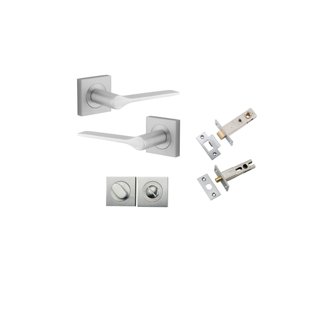 Door Lever Como Rose Square Brushed Chrome L119xP62mm BPH52xW52mm Privacy Kit, Tube Latch Split Cam 'T' Striker Brushed Chrome Backset 60mm, Privacy Bolt Round Bolt Brushed Chrome Backset 60mm, Privacy Turn Oval Concealed Fix Square H52xW52xP23mm in Brushed Chrome