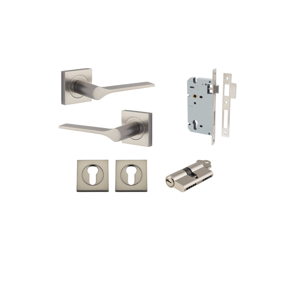 Door Lever Como Rose Square Pair Satin Nickel L119xP62mm BPH52xW52mm, Mortice Lock Euro Satin Nickel CTC85mm Backset 60mm, Euro Cylinder Dual Function 5 Pin Satin Nickel 65mm KA4, Escutcheon Euro Concealed Fix Square Pair Satin Nickel H52xW52xP10mm in Satin Nickel