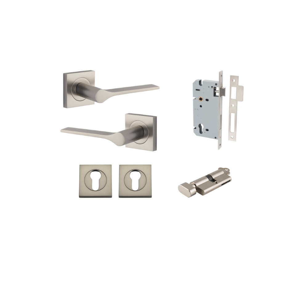 Door Lever Como Rose Square Pair Satin Nickel L119xP62mm BPH52xW52mm, Mortice Lock Euro Satin Nickel CTC85mm Backset 60mm, Euro Cylinder Key Thumb 5 Pin Satin Nickel 65mm KA4, Escutcheon Euro Concealed Fix Square Pair Satin Nickel H52xW52xP10mm in Satin Nickel