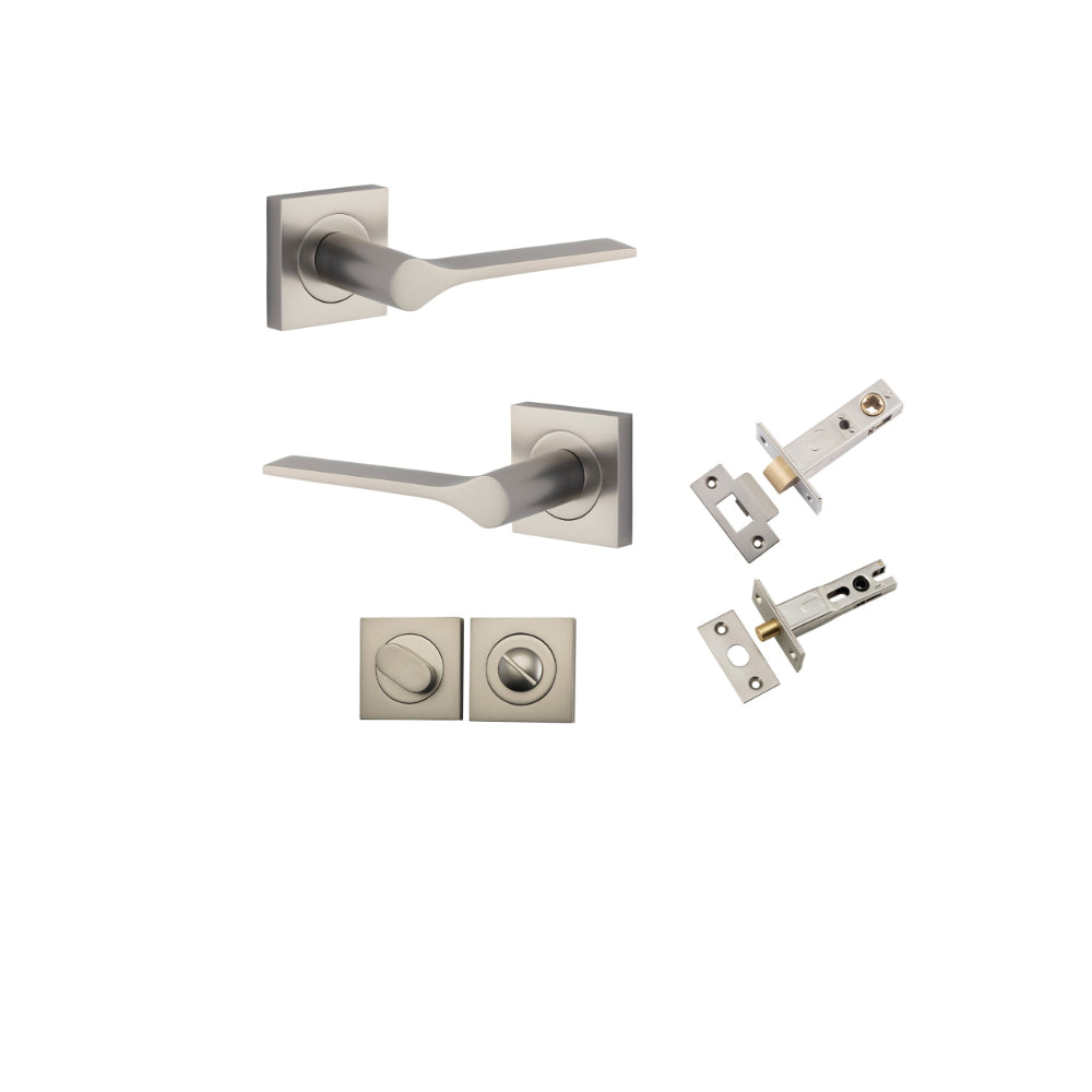 Door Lever Como Rose Square Satin Nickel L119xP62mm BPH52xW52mm Privacy Kit, Tube Latch Split Cam 'T' Striker Satin Nickel Backset 60mm, Privacy Bolt Round Bolt Satin Nickel Backset 60mm, Privacy Turn Oval Concealed Fix Square H52xW52xP23mm in Satin Nickel