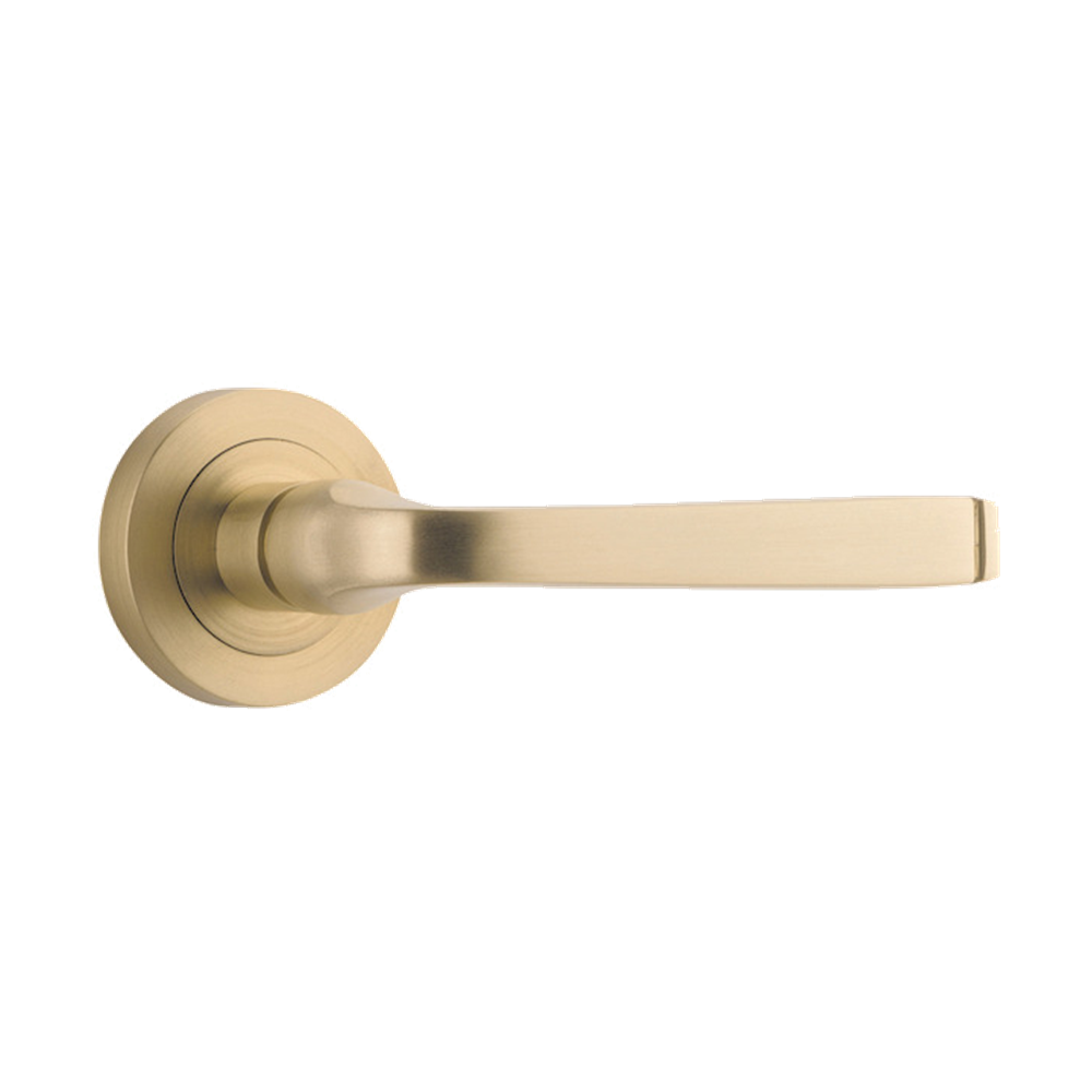 Door Lever Annecy Round Rose Pair Brushed Brass D52xP65mm
(Latch/Lock Sold Separately) in Brushed Brass