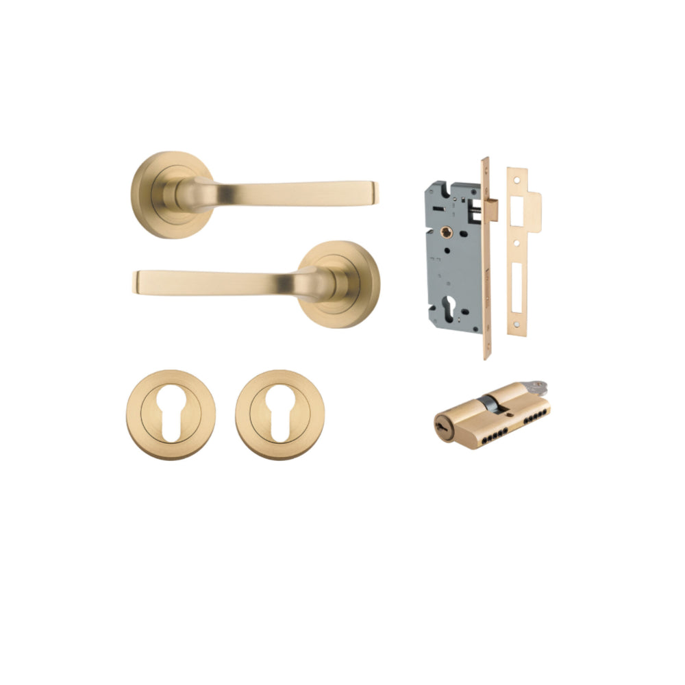 Door Lever Annecy Round Rose Pair Brushed Brass D52xP65mm Entrance Kit, Mortice Lock Euro Brushed Brass CTC85mm Backset 60mm, Euro Cylinder Dual Function 5 Pin Brushed Brass L65mm KA1, Escutcheon Euro Concealed Fix Round Pair Brushed Brass D52xP10mm in Brushed Brass