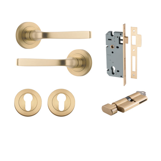 Door Lever Annecy Round Rose Pair Brushed Brass D52xP65mm Entrance Kit, Mortice Lock Euro Brushed Brass CTC85mm Backset 60mm, Euro Cylinder Key Thumb 6 Pin Brushed Brass L70mm  
 KA1, Escutcheon Euro Concealed Fix Round Pair Brushed Brass D52xP10mm in Br