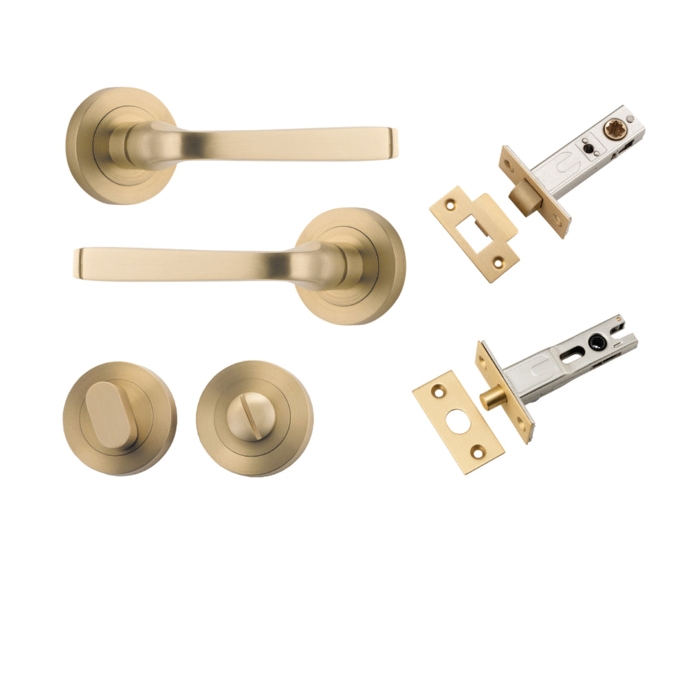 Door Lever Annecy Round Rose Pair Brushed Brass D52xP65mm Privacy Kit, Tube Latch Split Cam 'T' Striker Brushed Brass Backset 60mm, Privacy Bolt Round Bolt Brushed Brass Backset 60mm, Privacy Turn Oval Concealed Fix Round Brushed Brass D52xP23mm in Brushed Brass