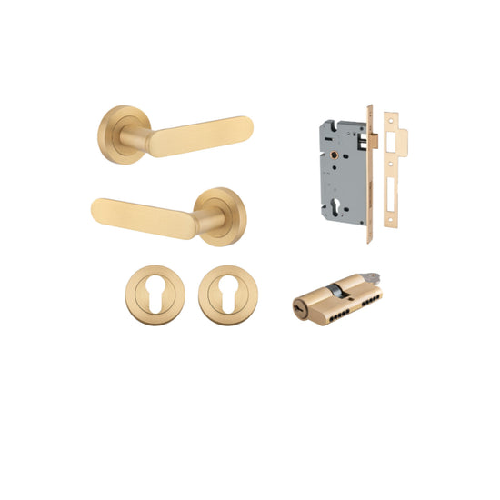 Door Lever Bronte Rose Round Pair Brushed Brass L117xP56mm BPD52mm, Mortice Lock Euro Brushed Brass CTC85mm Backset 60mm, Euro Cylinder Dual Function 5 Pin Brushed Brass 65mm KA4, Escutcheon Euro Concealed Fix Round Pair Brushed Brass D52xP10mm in Brushed