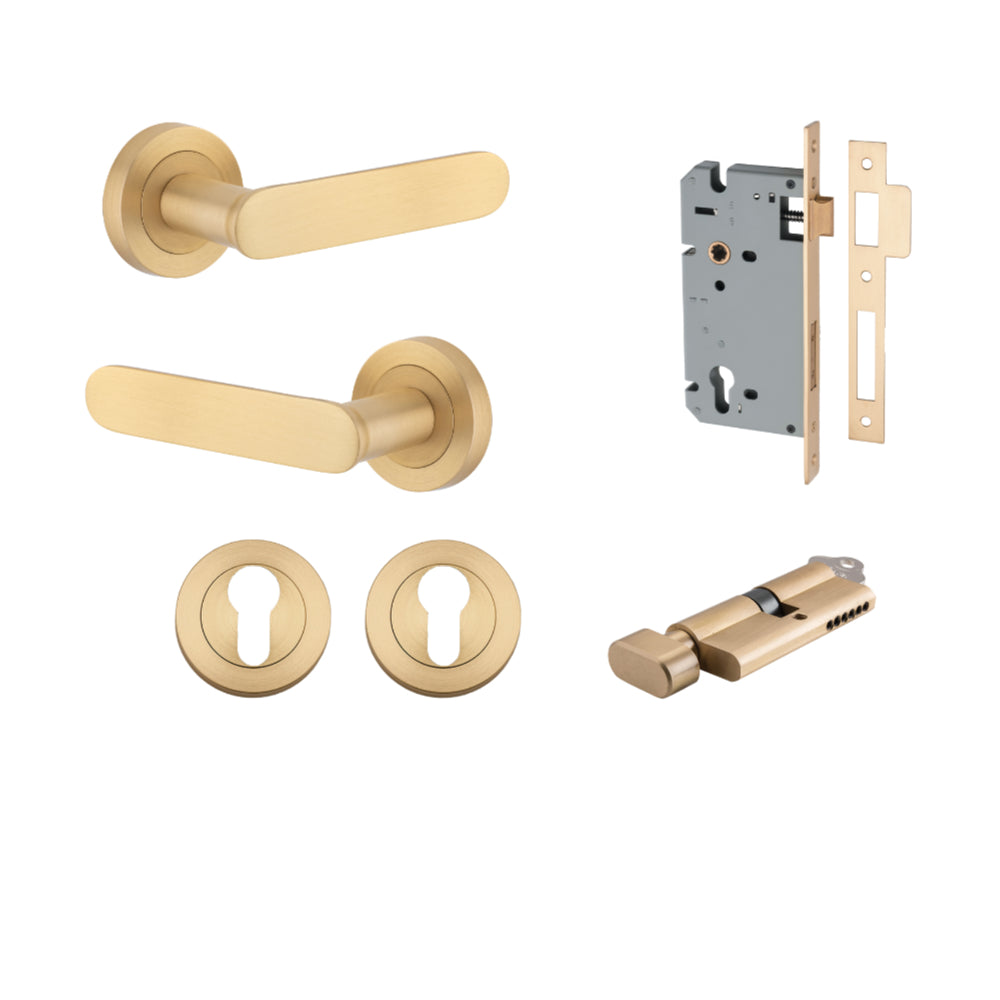Door Lever Bronte Rose Round Pair Brushed Brass L117xP56mm BPD52mm, Mortice Lock Euro Brushed Brass CTC85mm Backset 60mm, Euro Cylinder Key Thumb 5 Pin Brushed Brass 65mm KA4, Escutcheon Euro Concealed Fix Round Pair Brushed Brass D52xP10mm in Brushed Brass