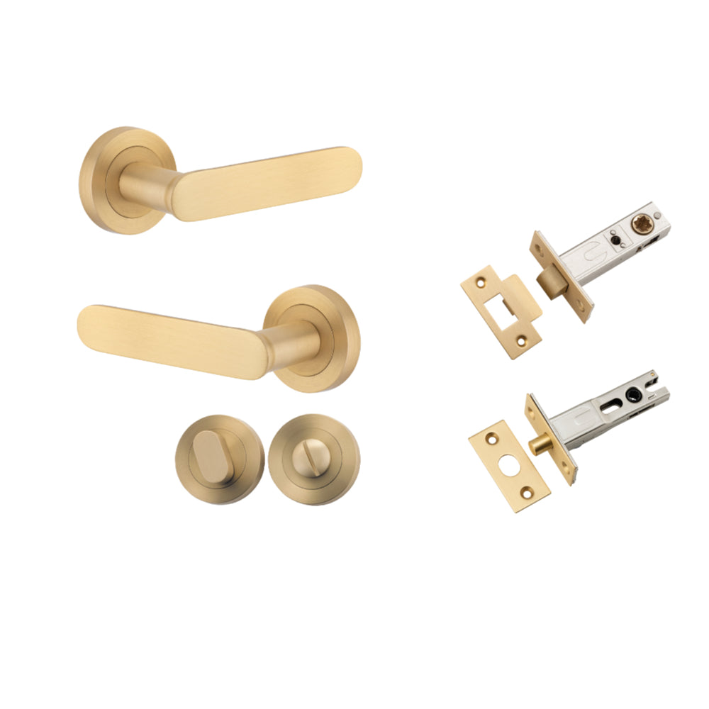 Door Lever Bronte Rose Round Brushed Brass L117xP56mm BPD52mm Privacy Kit, Tube Latch Split Cam 'T' Striker Brushed Brass Backset 60mm, Privacy Bolt Round Bolt Brushed Brass Backset 60mm, Privacy Turn Oval Concealed Fix Round Brushed Brass D52xP23mm in Brushed Brass