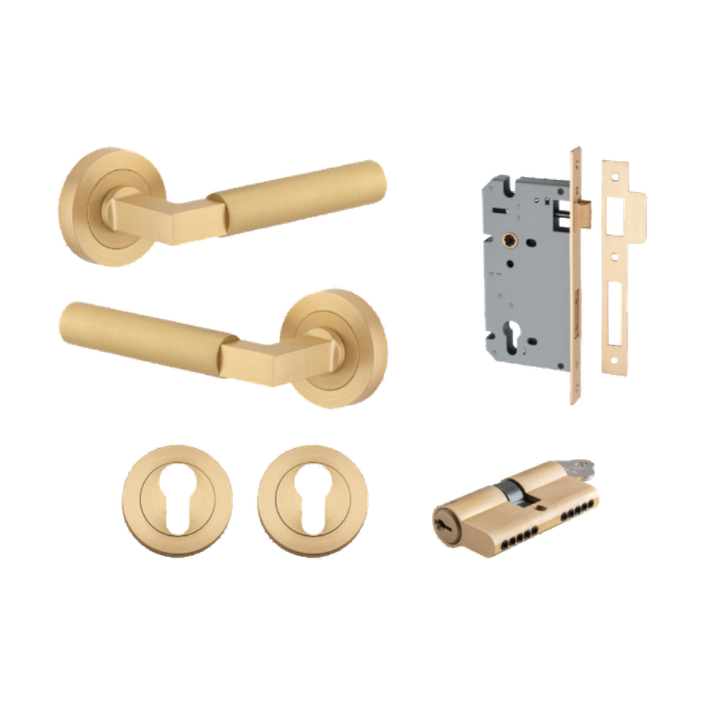 Door Lever Berlin Rose Round Pair Brushed Brass L120xP60mm BPD52mm, Mortice Lock Euro Brushed Brass CTC85mm Backset 60mm, Euro Cylinder Dual Function 5 Pin Brushed Brass 65mm KA4, Escutcheon Euro Concealed Fix Round Pair Brushed Brass D52xP10mm in Brushed Brass
