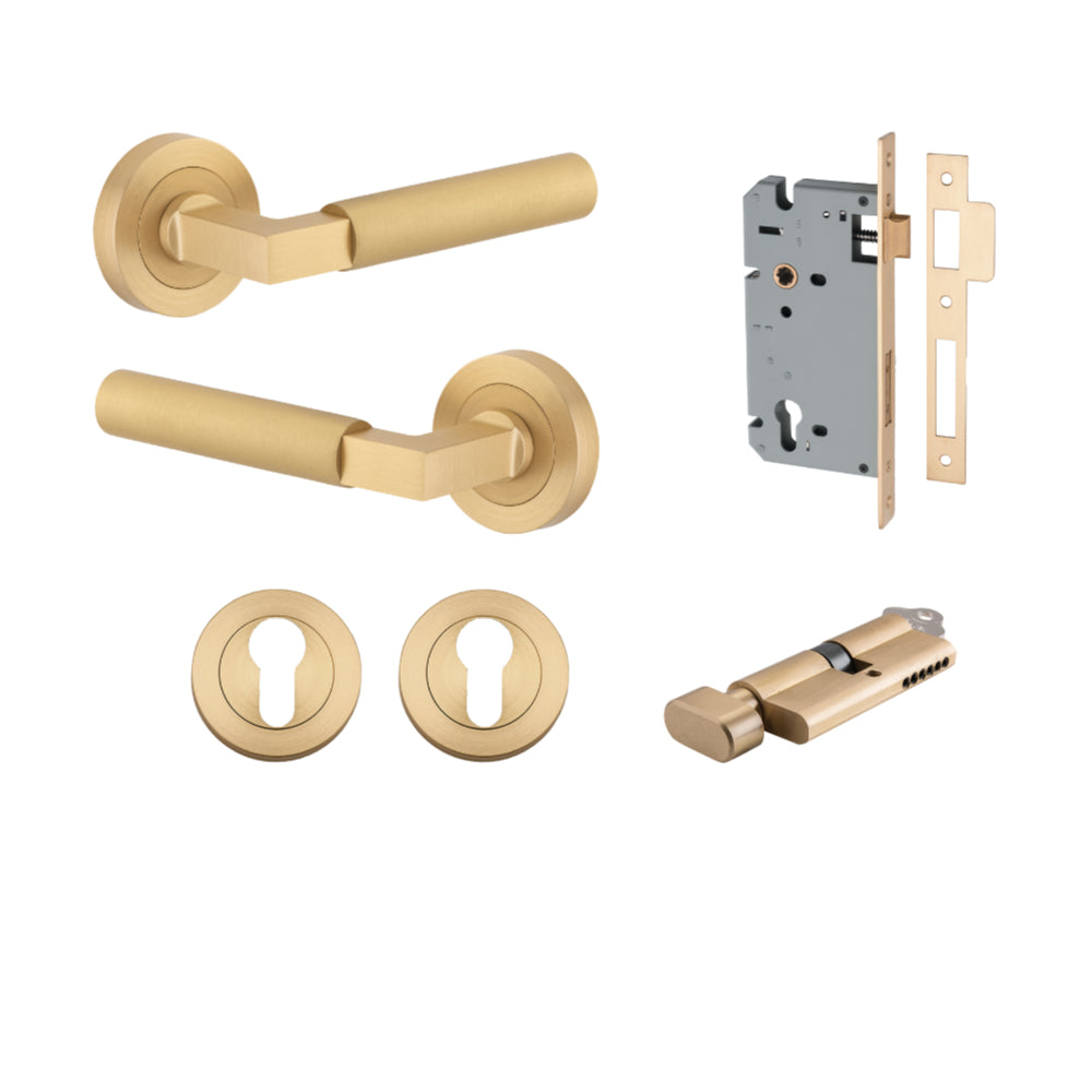 Door Lever Berlin Rose Round Pair Brushed Brass L120xP60mm BPD52mm, Mortice Lock Euro Brushed Brass CTC85mm Backset 60mm, Euro Cylinder Key Thumb 5 Pin Brushed Brass 65mm KA4, Escutcheon Euro Concealed Fix Round Pair Brushed Brass D52xP10mm in Brushed Brass